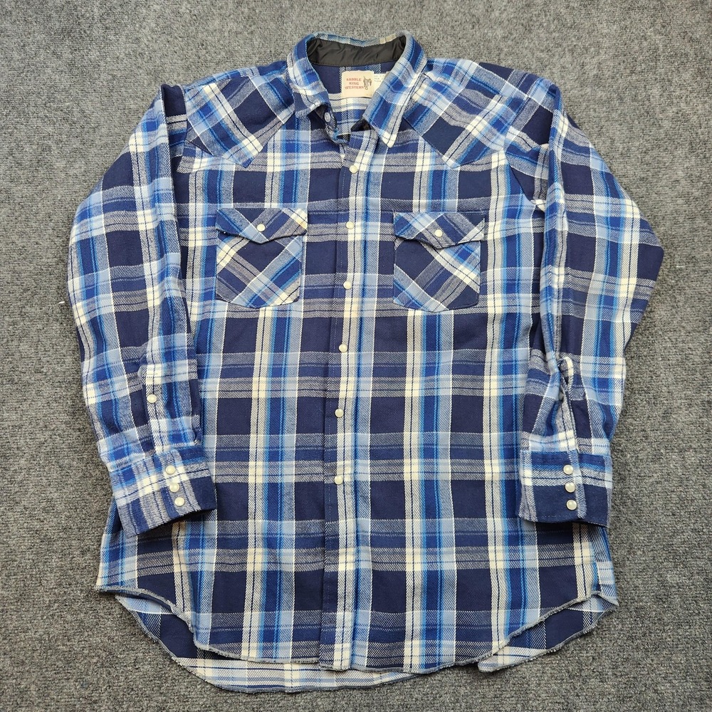 Vintage Saddle King Western Flannel Shirt Mens 2XL Blue Plaid Pearl Snap USA 80s